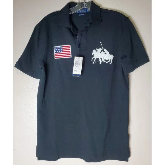 Polo Ralph Lauren NWT Classic Fit Polo Black American Flag White Dual Match Pony