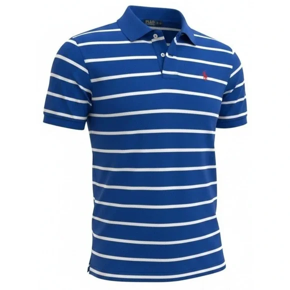 Polo Ralph Lauren Blue White Stripe Polo Shirt Red Pony Men's Large 100% Cotton