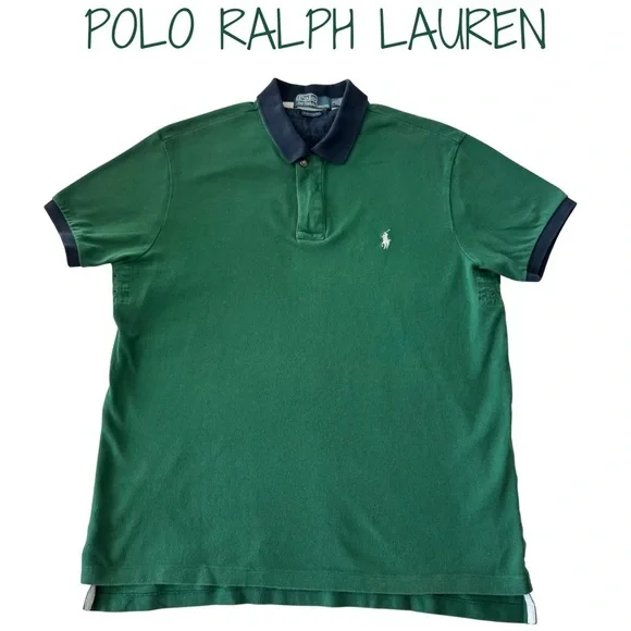 Polo Ralph Lauren Men’s Vintage Green Polo L‎ Navy Collar Zip Snap Closure EUC