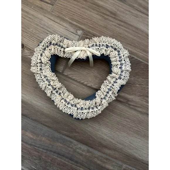 Handmade Fabric Wreath‎ Wall Hanging 8in Blue Floral Lace Cottagecore Decor