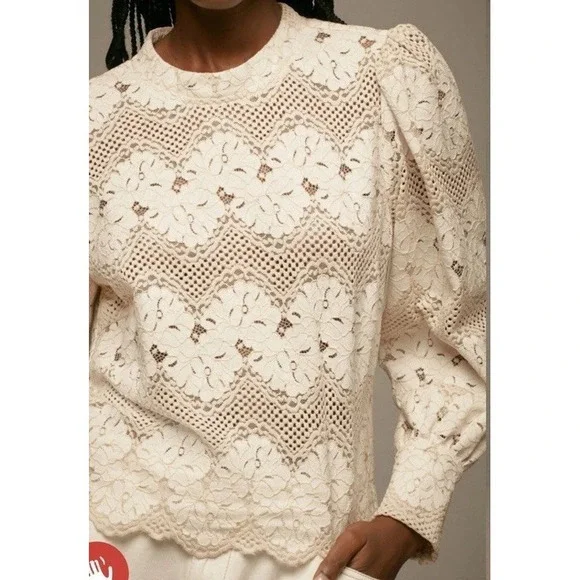 Dolan x Anthropologie Left Coast Mock Neck Long Sleeve Blouse Ivory Lace Small