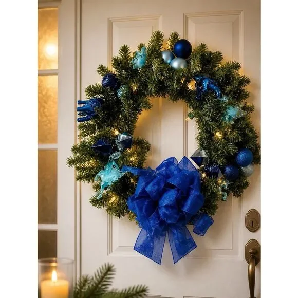 BLUE WREATH UNICORN & ELEPHANT PRE-LIT CORDLESS WREATH