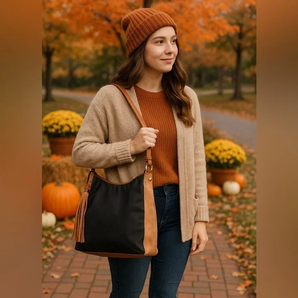 SONDRA‎ ROBERTS SQUARED Black/Tan Hobo Bag with Tassel