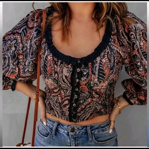Free People Dare Me Velvet Paisley Cropped Ballon Sleeve Open Back Blouse Large