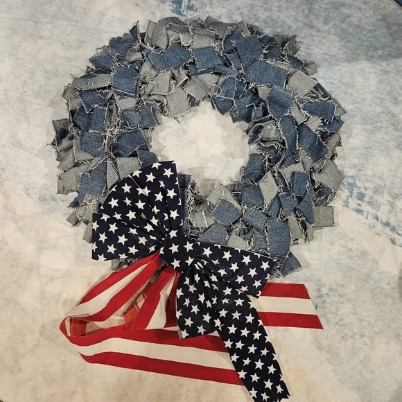 Handmade Denim Wreath Patriotic Americana Red‎ White Blue Rustic Wall Decor