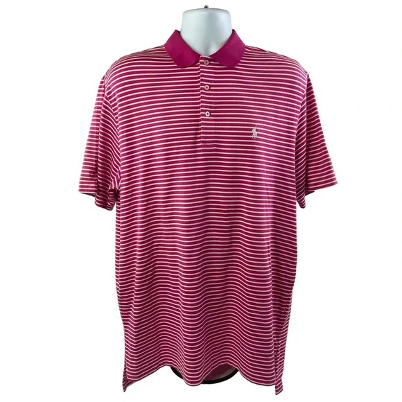 VINTAGE Polo Golf Ralph Lauren Polo Shirt Mens Large Pink Striped S/S HAZELTINE