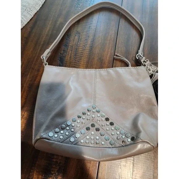 The Sak Indio Gray Leather Studded Tassel Shoulder Bag Hobo Zip Top Medium