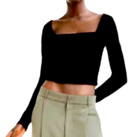 Zara Black Knit Long Sleeve Cropped Top NEW