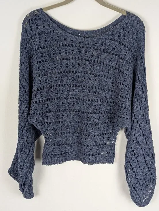 ZARA Open Knit Cropped Batwing Sweater Slate Blue Boho Size S Dolman Sleeve boho