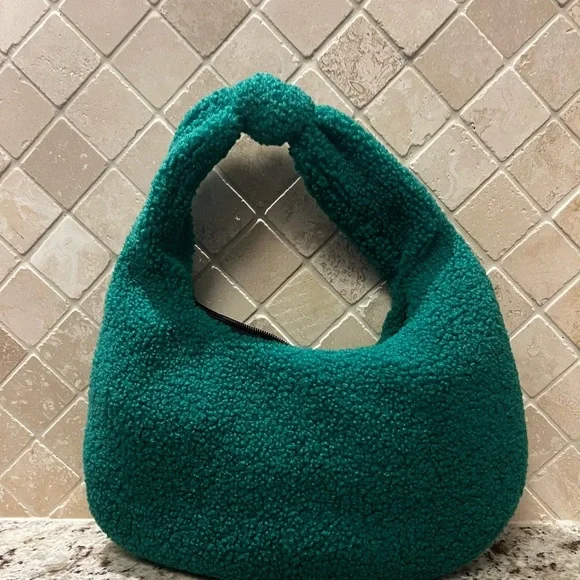 Green Fluffy Knot‎ Handle Curved Faux Sherpa Hobo Bag