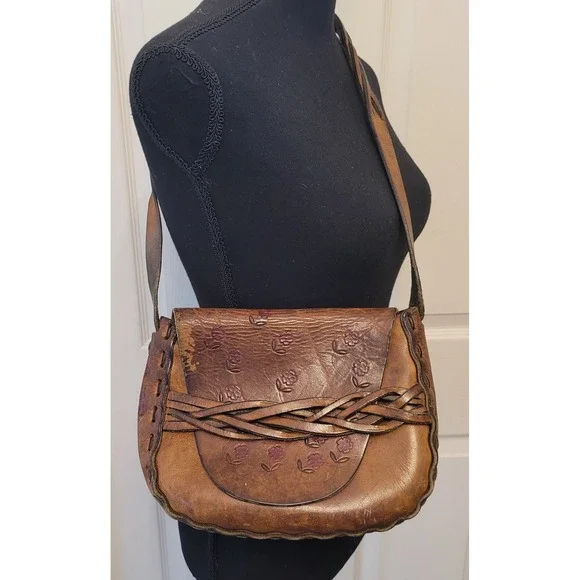 Dante San Jose Tooled Leather Handbag Braided Strap Hippie Boho Flowers Gypsy