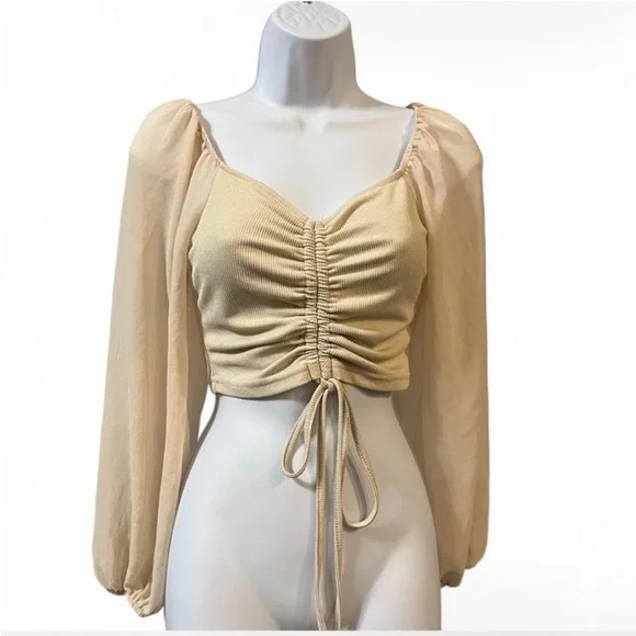 SHEIN‎ Cream Sweetheart Neck Drawstring Lantern Sleeve Crop Top.