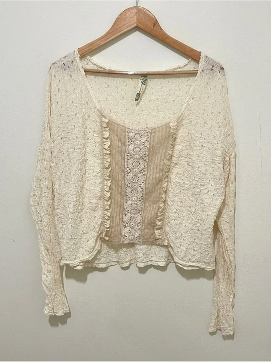 Free People Cream Crochet-Detail Layered Top, Size Large