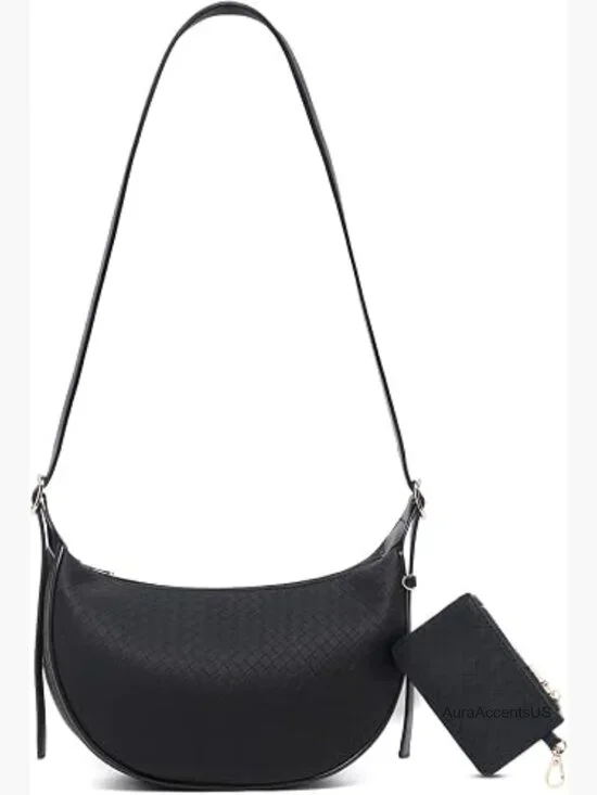 Woven Crescent Shoulder Bag with Detachable Pouch Vegan Leather Hobo Crossbody