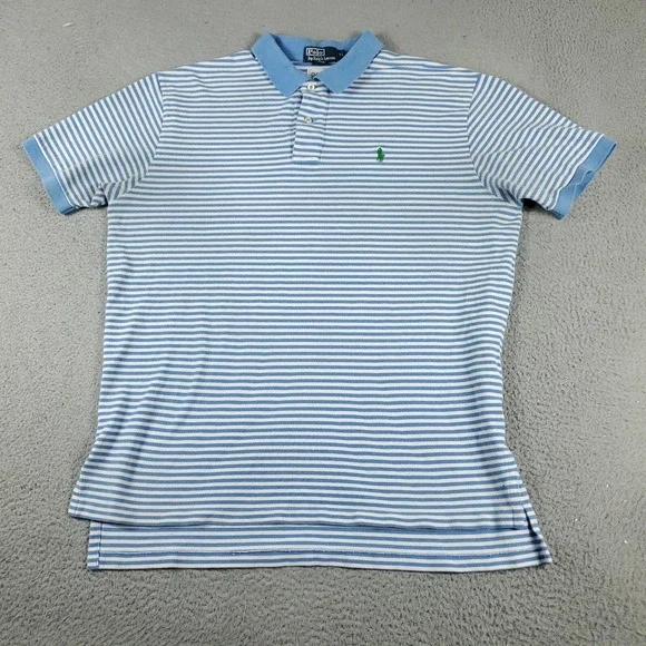Ralph Lauren Polo Shirt Mens XL Blue Striped Pony Casual Short Sleeve DISTRESSED