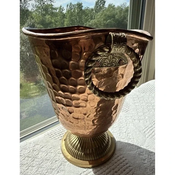 Vintage Hammered Copper & Brass Ice Champagne Bucket Rope Handles