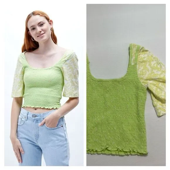 Free People Green Marigold Smocked Crop Top Size Small Medium See Measurements
