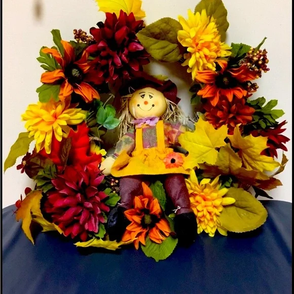 Hand Crafted Fall Faux Floral Wreath with Scarecrow | Rustic farmhouse
