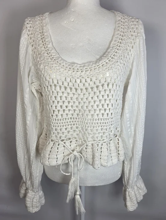 Free People Ivory Crochet Lace Boho Top Open Back Peplum Bell Sleeve Size L