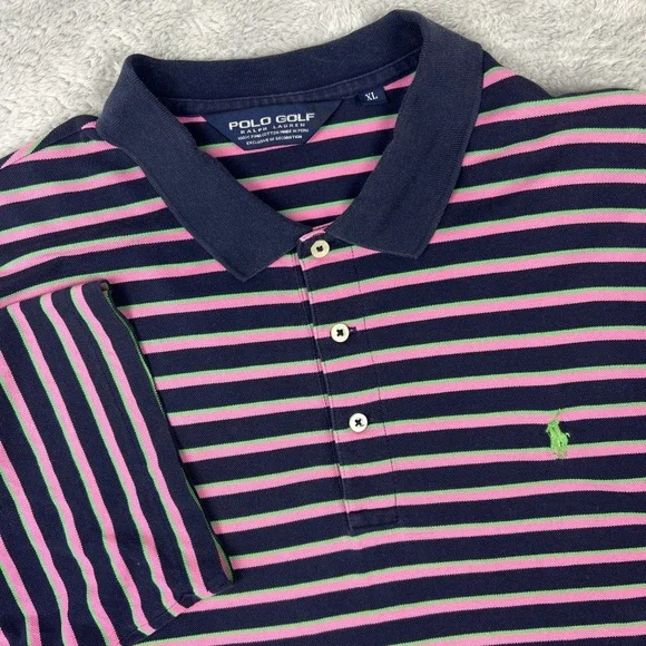 Polo Golf Ralph Lauren Mens XL Pima Cotton Navy Pink Green Stripe Preppy