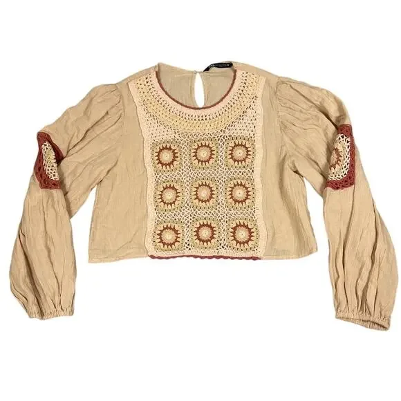 Zara Womens Size S Granny Square Crochet Medallion Front Cropped Blouse Top