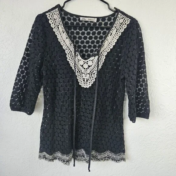 Womens Black Lace Dot Sheer  Blouse Sz Lg Fairy Grunge Goth Witchy Boho Office