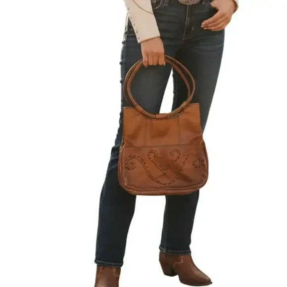 Vintage 80s Cognac Leather Hobo Shoulder Bag Whipstitch Heart Embroidery