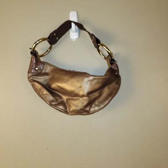 Womens Metallic Bronze Hobo Bag Faux Leather Croc Strap Gold Ring Hardware Small