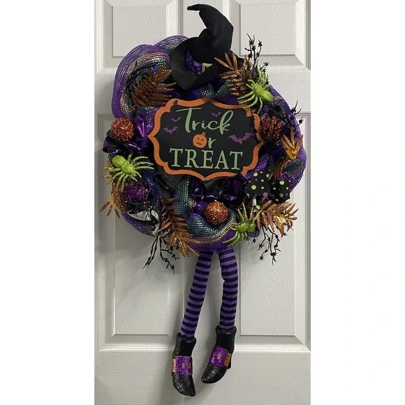 Halloween Decorative Wreath With Witch Legs Purple/Black&Orange 36