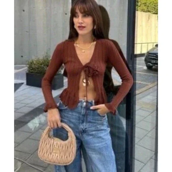 Zara S Brown Pointelle Cardigan Brown Ruffle Tie Front Top Festival Y2K Blogger