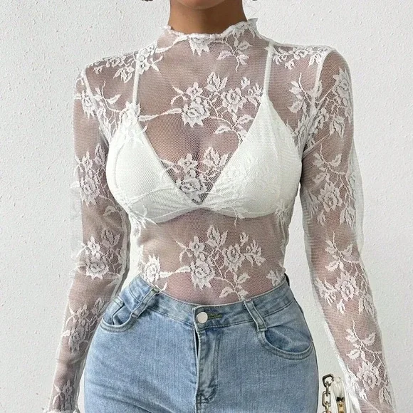 White Sexy Women's Lace Ruffle Hem Sheer Top