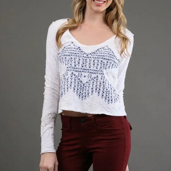 Free People We the Free Crop Top Lace Inset White Blue Cotton Size XS NWT