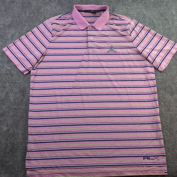 RLX‎ Ralph Lauren Polo Large Pink Blue Striped Congressional Logo Short Sleeve
