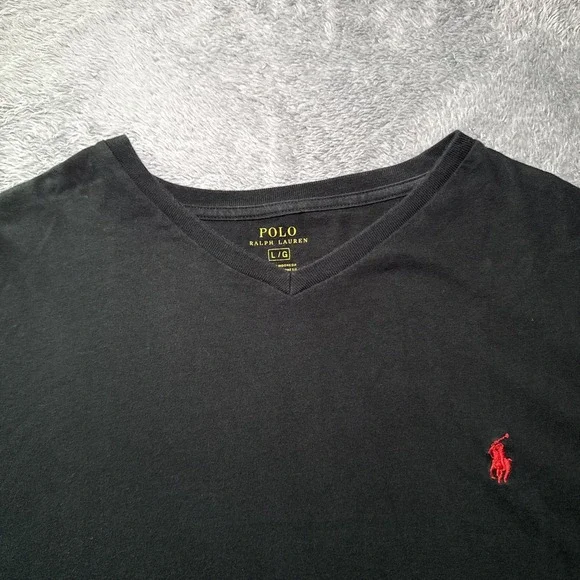 Polo Ralph Lauren Men's Large Short Sleeve V Neck Black Cotton T Shirt Red Pony