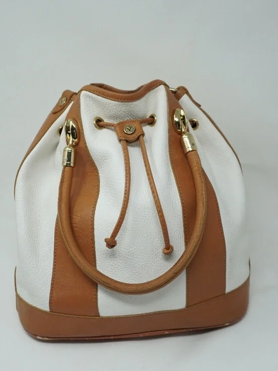 Valentina Carrano Pebbled Leather Bucket Drawstring Bag White Tan BOHO