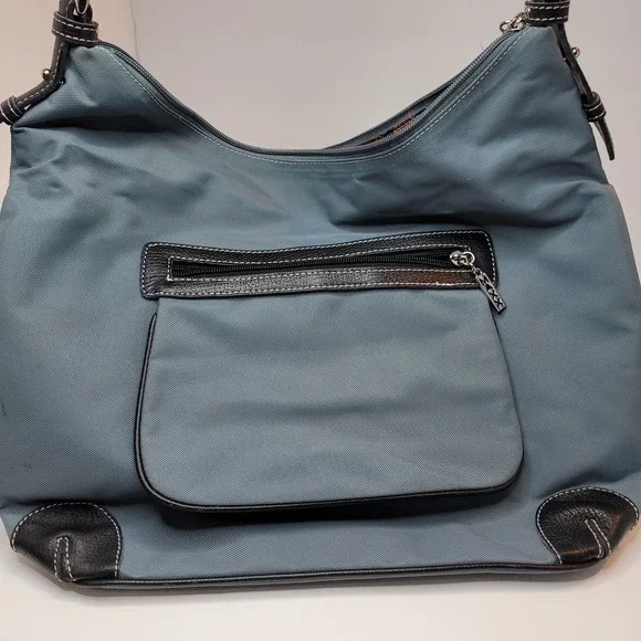 MAXX New York Blue Gray Nylon Canvas & Leather Purse‎ Hobo Sac Shoulder Bag