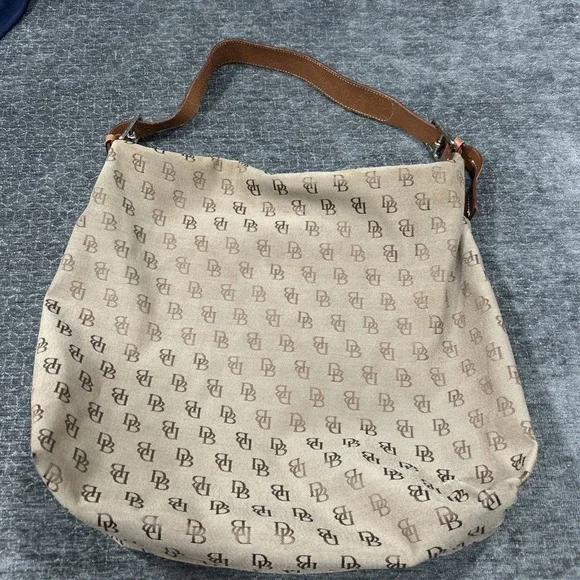 Dooney & Bourke DB Monogram Canvas Hobo Shoulder Bag Brown Leather  Trim‎ Y2K