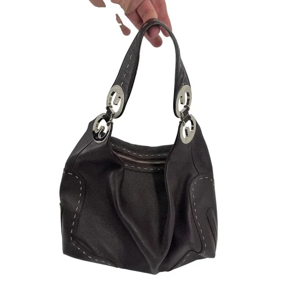 Vintage Escada Hobo Bag Purse L Brown Pebbled Leather Whipstitch Silver Italy