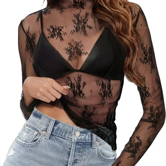 Breathable Black Mesh Long Sleeve Top - See-Through Floral Layering Blouse