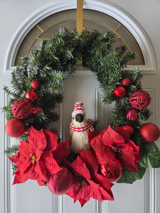 Holiday Poinsettia & Bird Wreath - Red