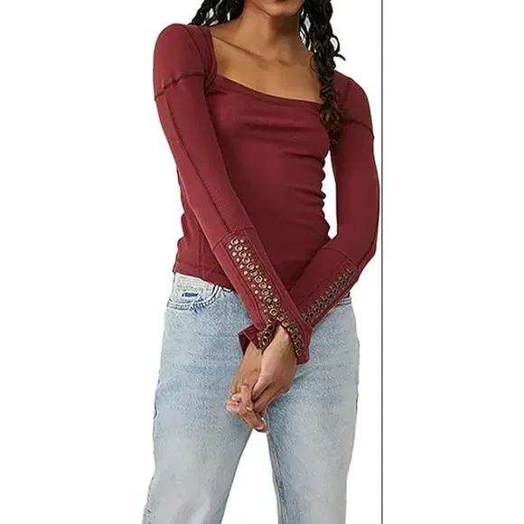 Free People A Litte Unruly Thermal Top L Studded Square Neck Red Boho Grunge