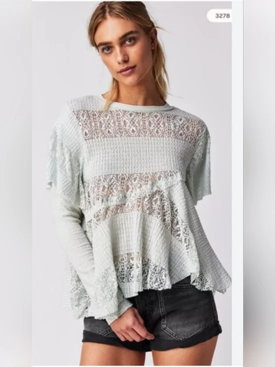 Free People Lace Stripe Knit Peplum    Top - Light Mint Size M.