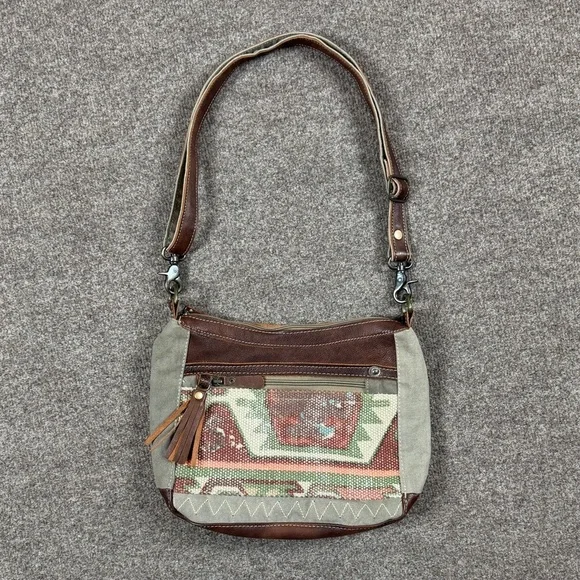 Aztec Green Canvas Brown Leather Trim Hobo Shoulder Crossbody Bag Fringe Tassle