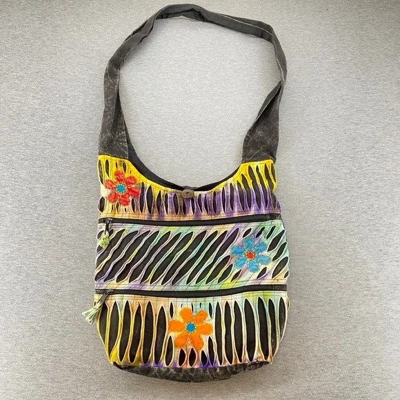 Boho Hippie Hobo Crossbody‎ Bag Floral Embroidered Shoulder Button /Zip Closure