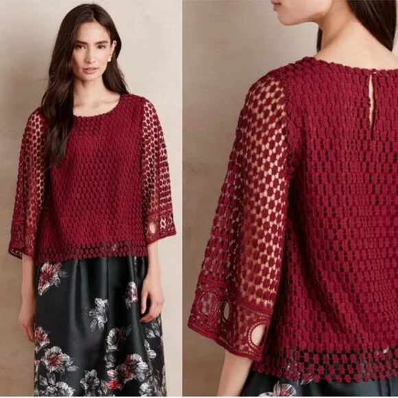 Anthropologie Vanessa Virginia Wine Country Lace Blouse Bell Sleeve size L