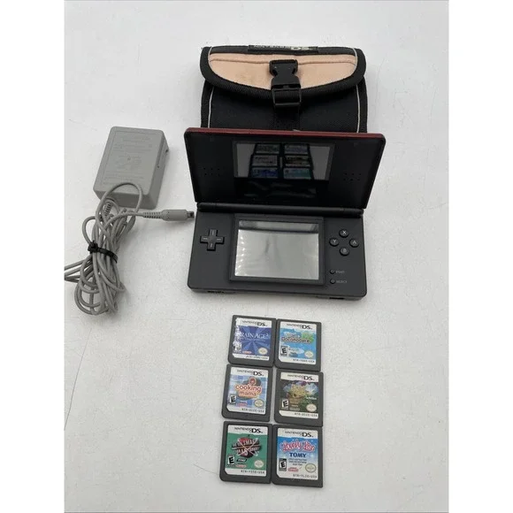 Nintendo DS Lite Handheld Console USG-001 Red+Charger+Case+6 Games-TESTED FINE