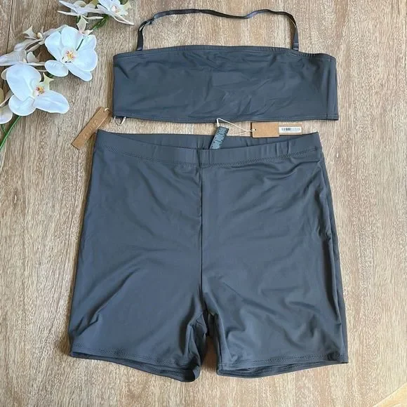 SKIMS Signature Swim Bandeau Bikini Top & Mid Waist Short Gunmetal Size XL