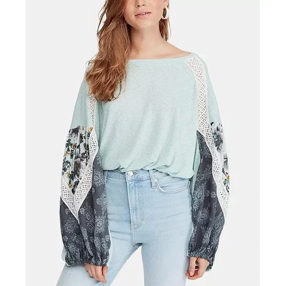 Free People Mixed Media Thermal Balloon Sleeve Top Mint Green Floral Lace Boho
