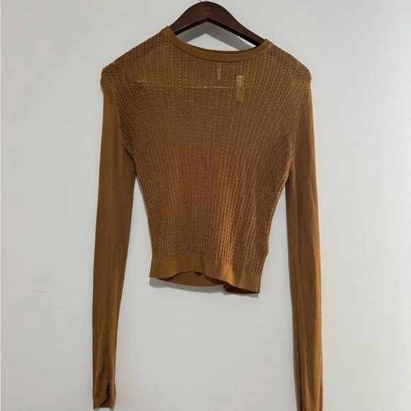 Free People H20 Crew Neck Sheer Long Sleeve Pullover Top Tiger Eye Size S