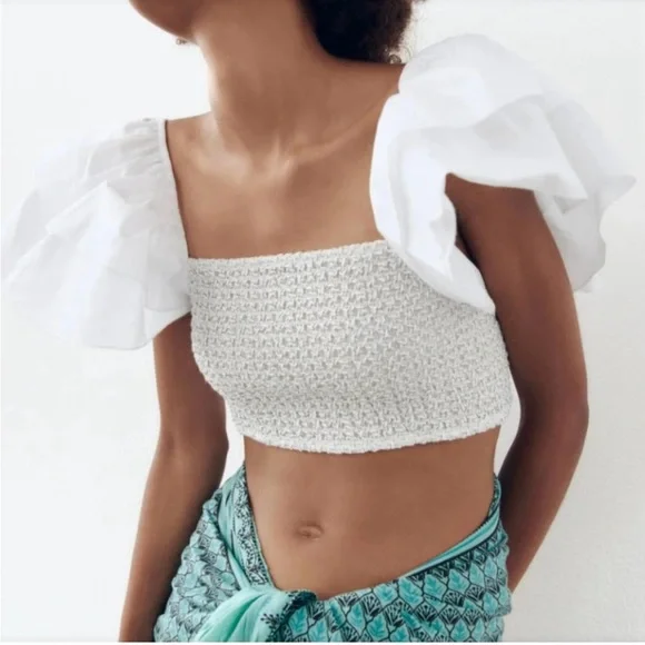 Zara Smocked Ruffle Sleeve Crop Top with Tie Back. Size Medium
